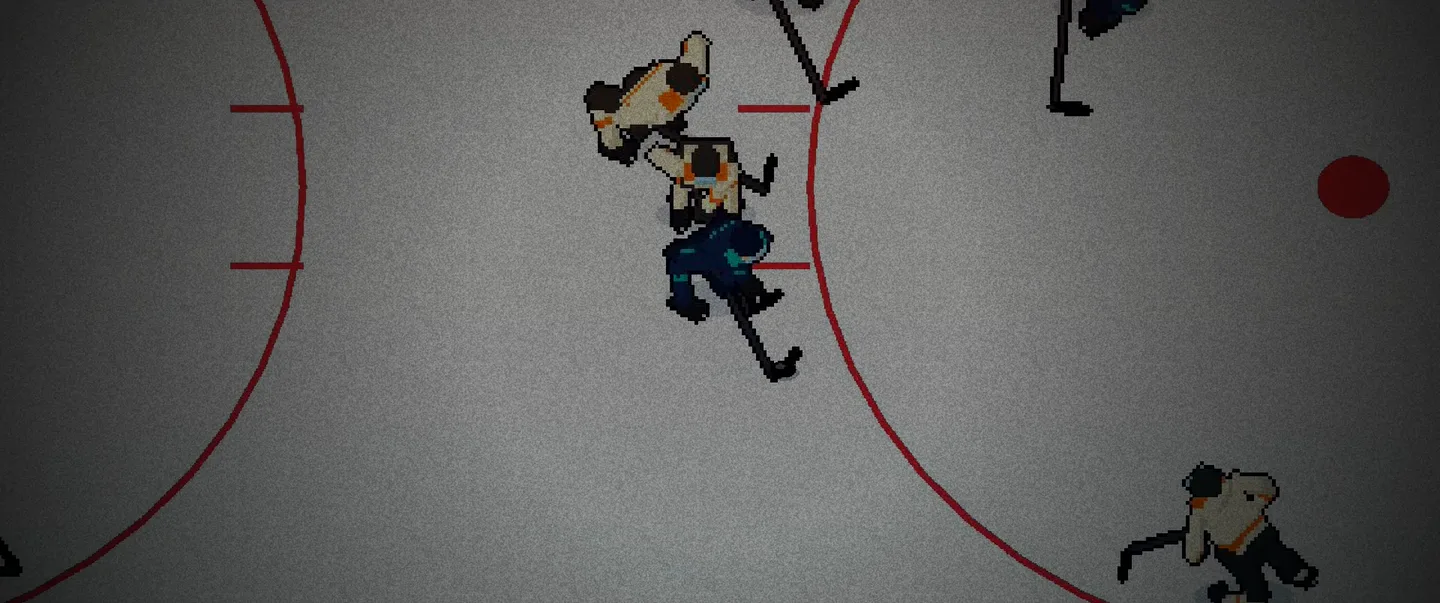 Build 1.0.1 from overhead: skaters in navy and teal battle skaters in cream and orange near a faceoff circle.